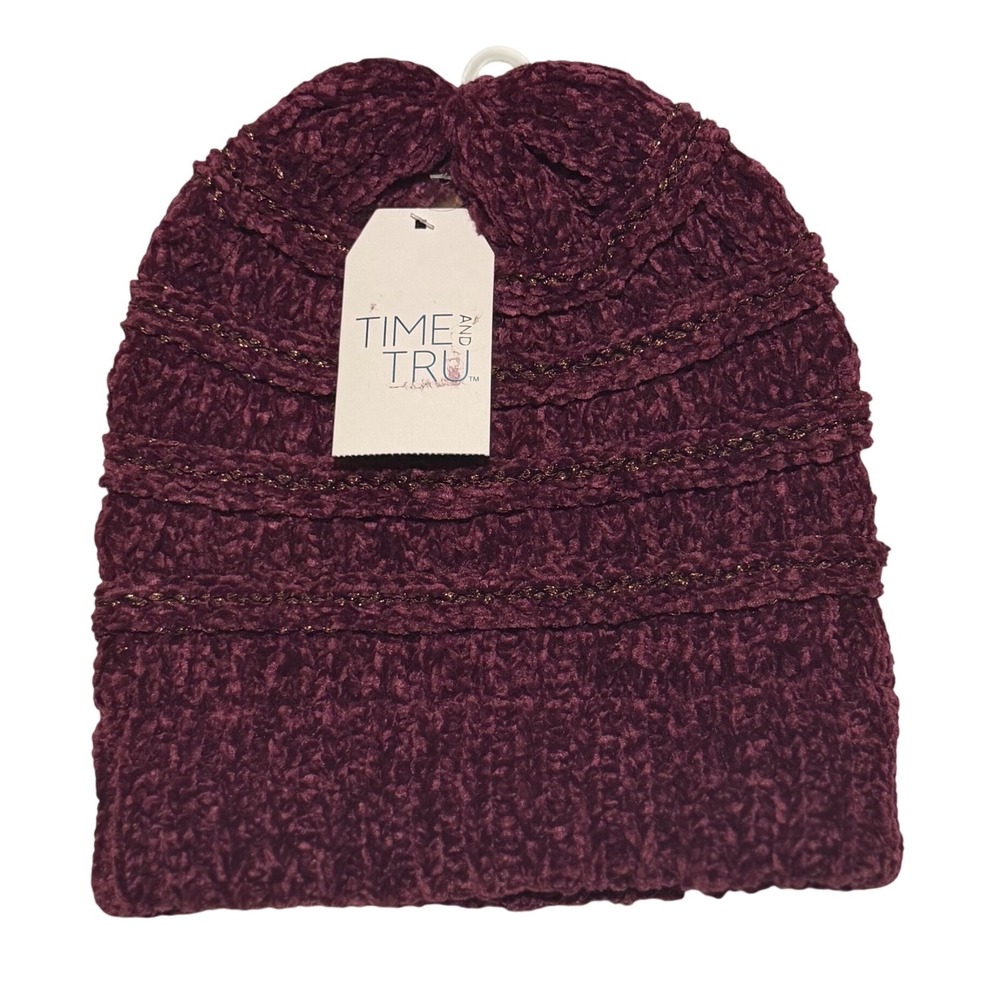 Time and‎ Tru Beanie Maroon Red Lurex Knit Chenille Gold Sparkle Hat OS Womens